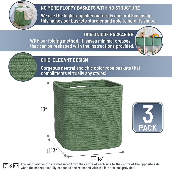 NaturalCozy 13 Inch Cube Storage Bins Cotton Rope Woven Baskets for Organizing 3-Pack | 13 x 13 Storage Cubes | Fabric Square Storage Baskets for Shelves Organizer, Kids Toy Bins, Closet Baby Nursery - Image 2
