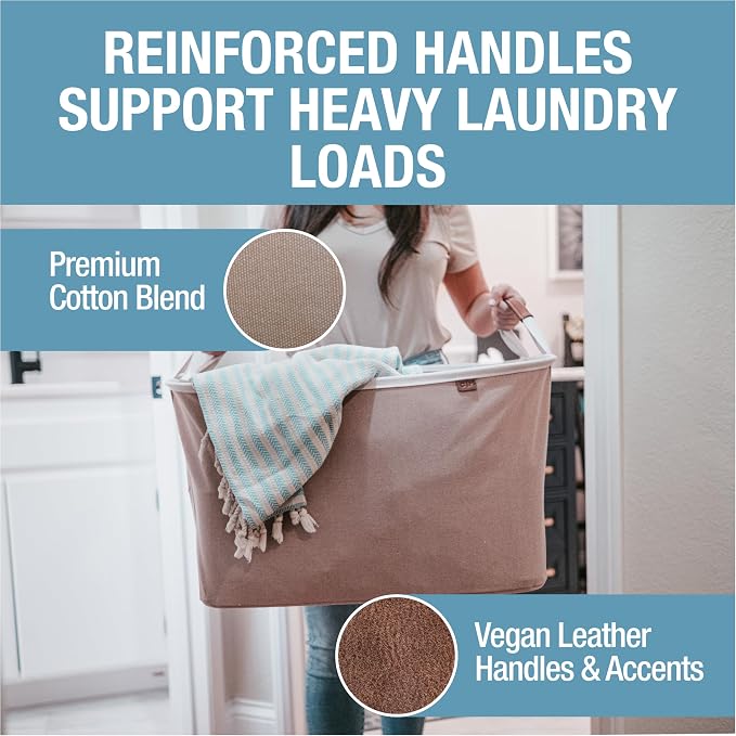 Collapsible Fabric Laundry Basket Premium, Mocha, 2 Pack | Elevate Open-Room Laundry Storage | Cotton-Blend Fabric and Vegan Leather Add Polish, While Each Basket Holds 55 lb - Image 4