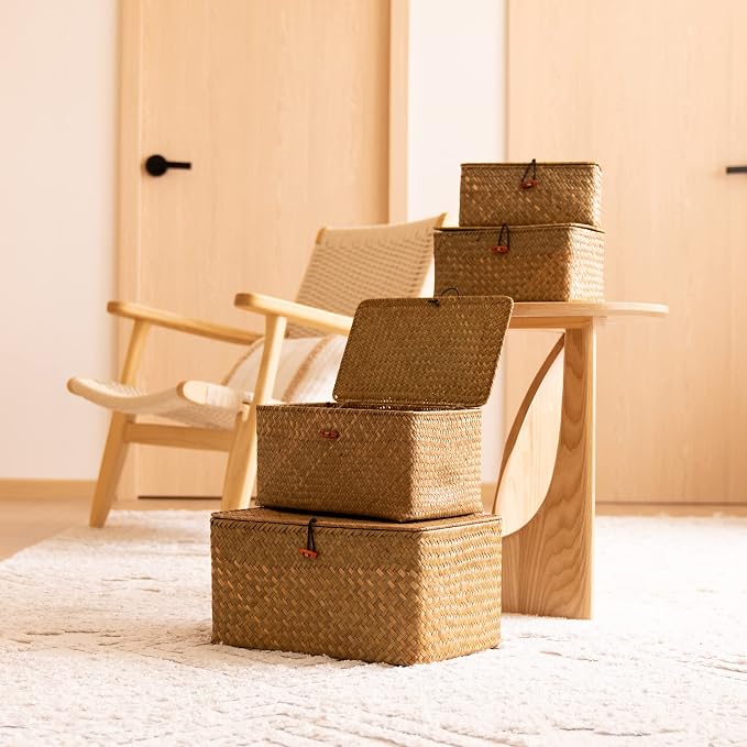 4 Pack, Wicker Baskets with Lids, Natural Seagrass Storage Baskets, Woven Rectangular Basket Bins, Rattan Storage Organizer for Shelf - Image 6