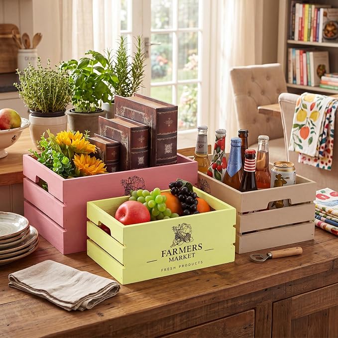 Barydat Set of 5 Wood Crates for Display Decorative Nesting Wooden Crate Storage with Handles Vintage Farmhouse Style Decorative Boxes Multipurpose Fruits Vegetables Boxes (Pastel,Elegant) - Image 2