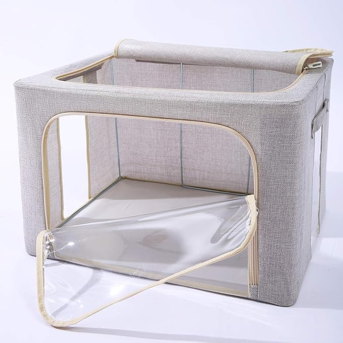 CYhom 3Pack Foldable Storage Bins - Frame Storage Box Linen Fabric Stackable Clothes Container Organizer with Clear Window & Carry Handles Large Capacity (Large-66L, Light Grey) - Image 9