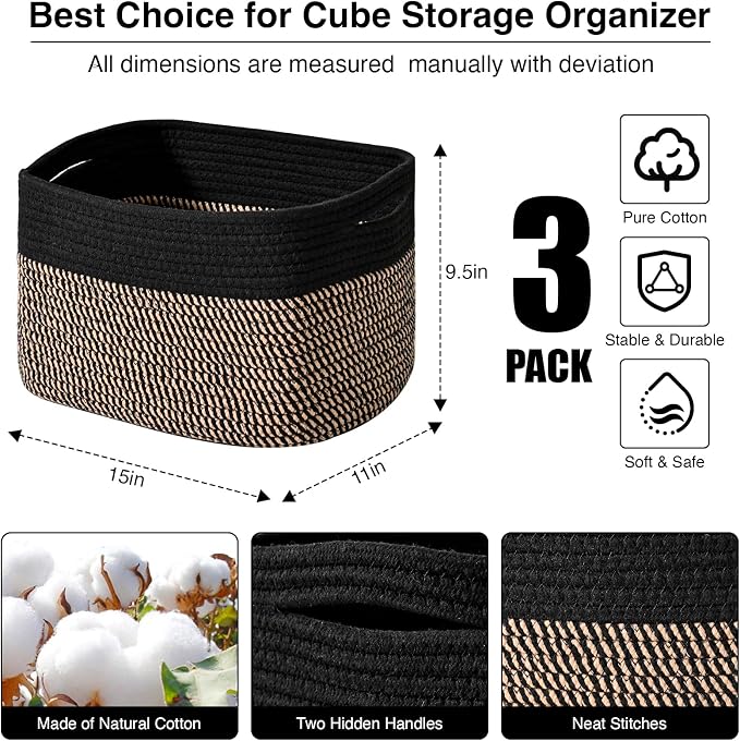 ICERZCZ Storage Baskets for Organizing Shelves, Toy Basket for Kid's Room, Woven Cotton Rope Basket for Decor, Organizing Baskets for Bedroom Living Room, 15"x11"x9.5", 3 Packs, Black & Jute - Image 3