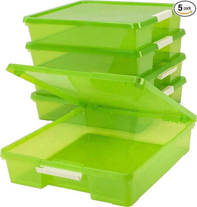 Storex Classroom Craft Project Box – Stacking Plastic Organizer Fits 12x12 Scrapbooking Paper, Green, 5-Pack (63207U05C) by Storex