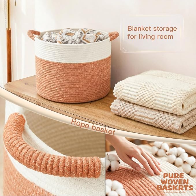 Artfeel 70L Large Cotton Rope Basket, Decorative Woven Blanket Storage for Living Room, Boho Toy Storage & Toy Box for Kids, Versatile Laundry Basket & Nursery Hamper for Blankets(Orange) - Image 5