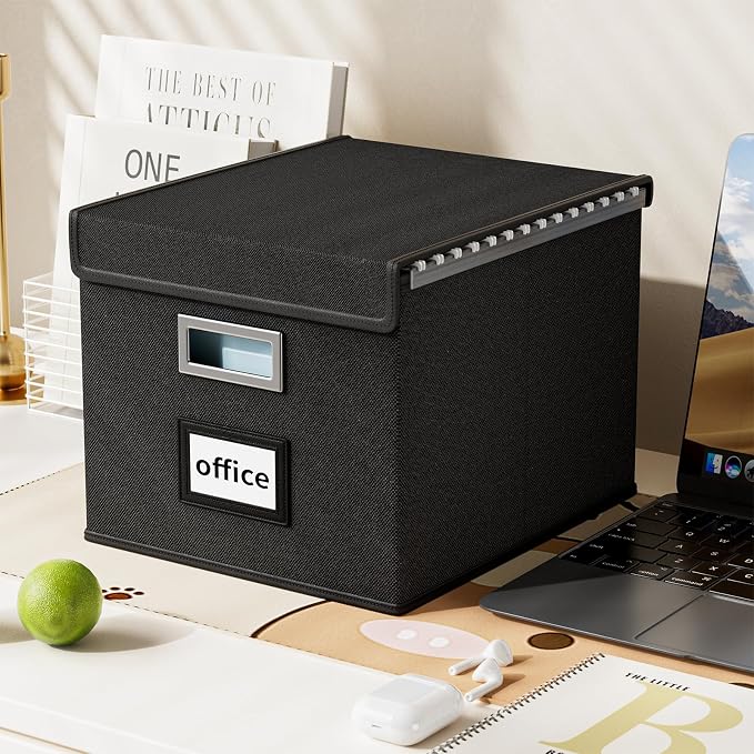 File Organizer Box with Lids, Collapsible File Folder Organizer | File Box with Plastic Slides for Office Document Storage, Filing Bin for Letter Size Hanging File Folders (2 Pack, Black) - Image 5
