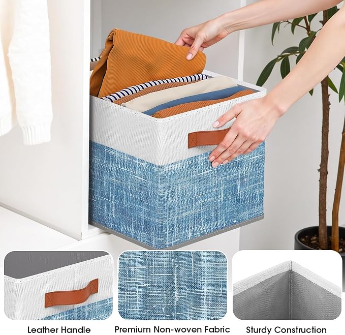 Collapsible Storage Baskets for Shelves,14"x10", 6 Pack Foldable Fabric Storage Bins with Double Leather Handles, Large Baskets for Organizing Books, Clothes, White & Blue - Image 5