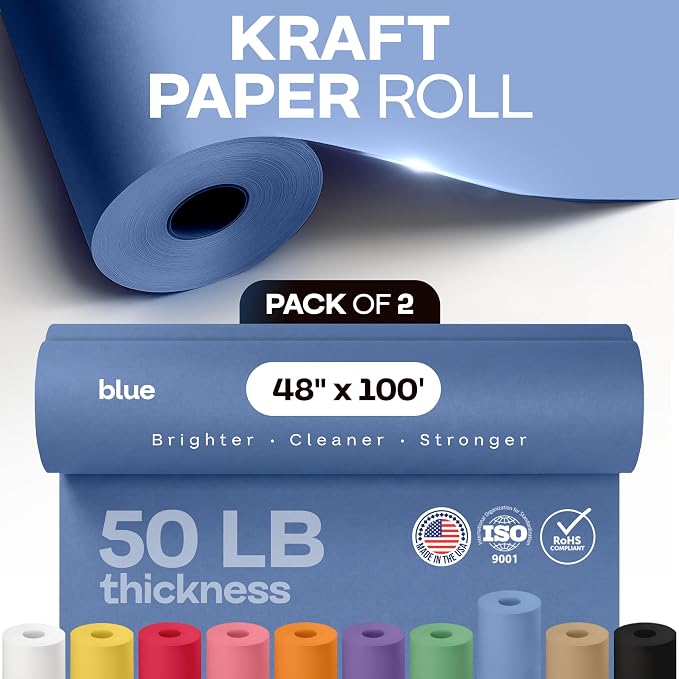 48" x 1200" (100 ft) Blue Kraft Paper Roll, Pack of 2 - USA-Made Quality Craft Paper for Gift Wrapping, Kids' Arts & Crafts, School Projects - 100% Recycled, 50 lb Natural Material by IDL Packaging - Image 4