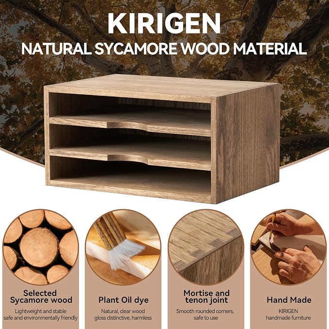 KIRIGEN Wooden Desk Organizer 3-Tier Letter Tray and Paper Sorter, Brown | Solid Wood Paper Tray Document Holder Organizer for Letters, Files, Folders, Mail, Magazines and Office Supplies - Image 8