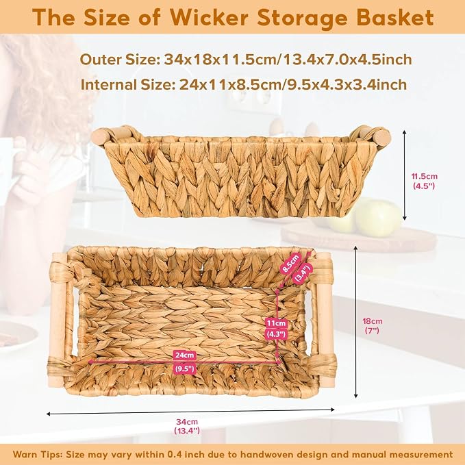 Small Wicker Baskets for Organizing, Water Hyacinth Wicker Storage Basket with Handle, Pantry Baskets for Shelves, Toilet Tank Paper Basket, 4 Pack - Image 2