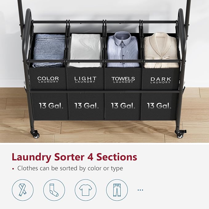 Laundry Sorter with Hanging Bar, 4 Section Laundry Hamper, Black | 52 Gal Laundry Cart with Hanging Rack and Removable Bags, Rolling Laundry Hamper Cart for Laundry Room, Bathroom, Bedroom - Image 4