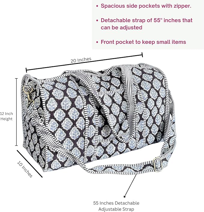 ATOSII Handblock Print 100% Cotton Large Quilted Duffle Bag for Overnight Trip, Travel Weekend Bag, Luggage, 2 Pockets with Zipper, 1 Front Pocket, Detachable Long Strap, 20 X 10 X 12 Inches, Gracie - Image 2