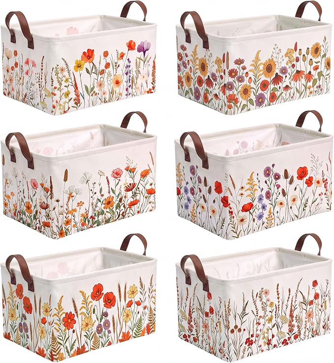 CHENGU 6 Pack Fall Flower Storage Bin Collapsible Wildflower Basket for Gifts Vintage Flower Holiday Decor Large Fall Basket Foldable Autumn Thanksgiving Box with Handle for Room Nursery Office Home by CHENGU