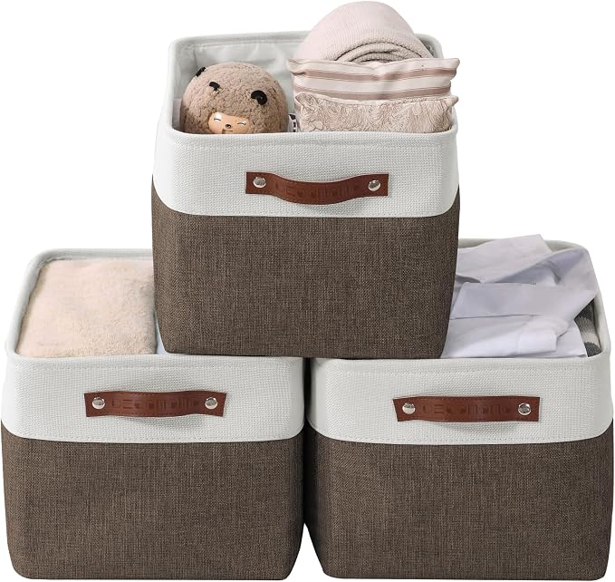 DECOMOMO Storage Bins, Extra Large Fabric Storage Baskets for Shelves 3Pack | 15.8 x 12.5 x 10 inches Decorative Linen Closet Organizers (Brown & White) by DECOMOMO