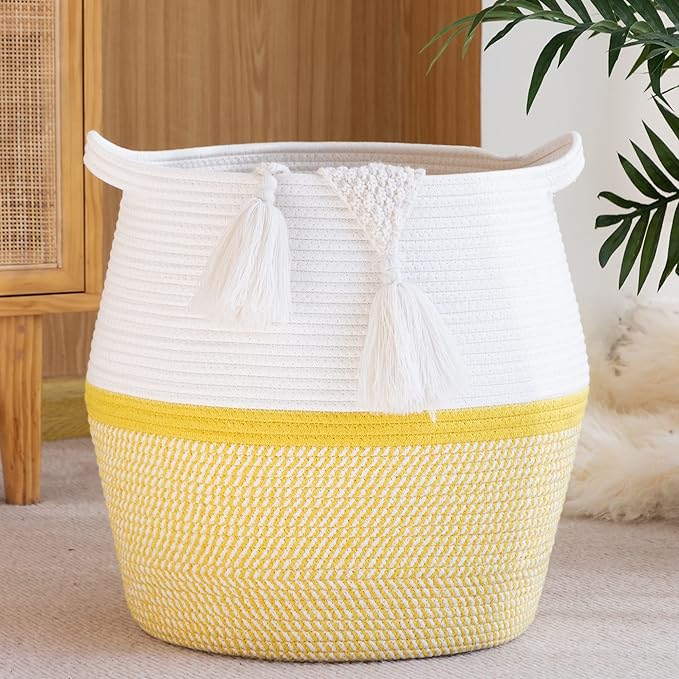 KAKAMAY Woven Baskets for Storage(17"x17"),Large Cotton Rope Woven Baby Laundry Hamper,Collapsible Laundry Basket, Blanket Basket for Organizing Living Room,Nursery,Pillows,Toy Chest(Yellow) by KAKAMAY