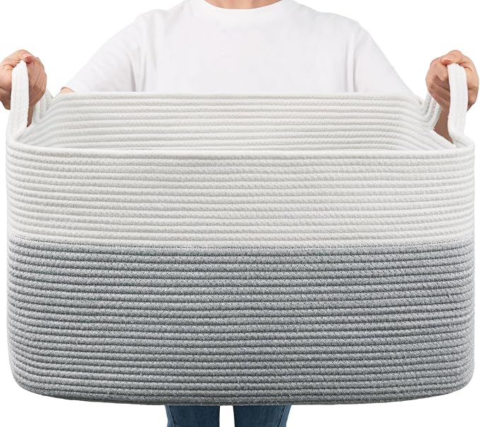 Goodpick Large Woven Rope Blanket Basket, Rectangle, White Gray | 21.6'' x 14.9'' x 11.8'' Storage Basket for Toys, Blankets & Clothes, Nursery & Bedroom Organization, Reinforced Handles by Goodpick