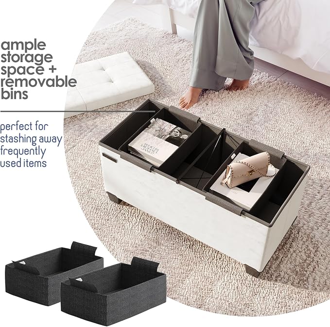 Storage Ottoman Bench with Bins, 30-in Storage Bench for Bedroom End of Bed, Folding Foot Rest Ottoman for Living Room Max 660lbs, Velvet Ottomans, Cream - Image 3