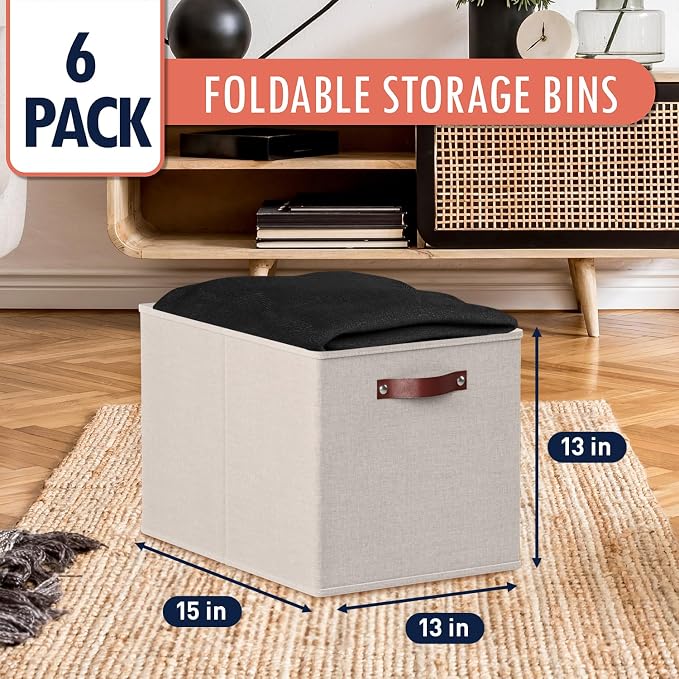 Ornavo Home 13x15x13 Foldable Fabric Storage Cube Bins, 6 Pack, Beige | Collapsible Linen Shelf Basket Organizer; Leather Handles; Fits Cube Storage Shelving Units - Image 3