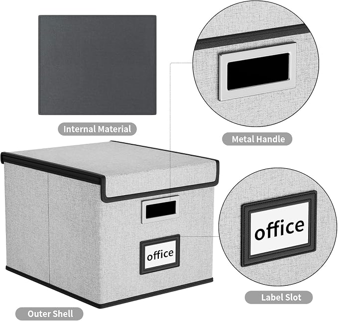 File Organizer Box with Lids, Collapsible File Folder Organizer | File Box with Plastic Slides for Office Document Storage, Filing Bin for Letter Size Hanging File Folders (4 Pack, Gray) - Image 4