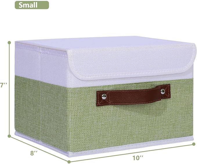ANMINY Fabric Storage Box Bins with Lids, Green White, 10"x8"x7", 4 Pack | Keepsake Memory Storage, Cotton Linen, PP Board Reinforced, Washable, PU Handles, Foldable & Stackable, Decorative, Small - Image 5