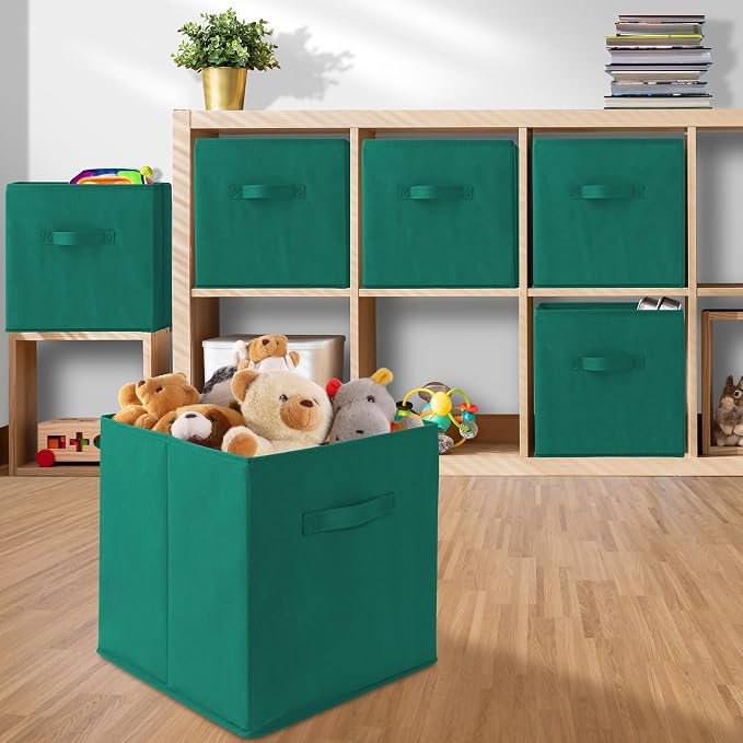 Casafield Set of 12 Collapsible Fabric Cube Storage Bins, Teal - 13" Foldable Cloth Baskets for Shelves, Cubby Organizers & More - Image 5