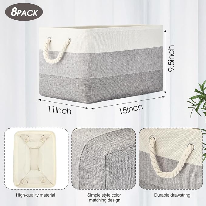 meekoo 8 Pack Collapsible Storage Bins Fabric Storage Bins Polyester Fabric Baskets with Handles Linen Closet Organizer for Shelf Home Closet Towels Toys(15 x 11 x 9.5 in,Mixed Gray) - Image 2