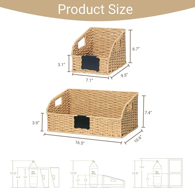 Pantry Organizers, Handwoven Large Wicker Baskets for Shelves & Kitchen, Labeled Storage Baskets for Organizing with Handles - Paper Storage Bins for Shelves, 3 Pack, Natural - Image 3