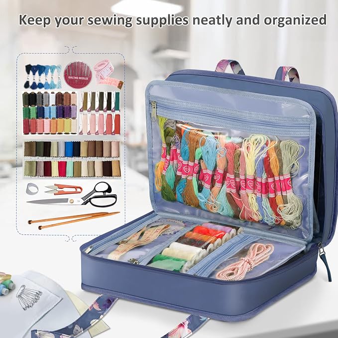 FINPAC Sewing and Craft Supplies Storage Tote Bag with Clear Pockets | Large Art Organizer Caddy Travel Packing Shoulder Bag for Knitting, Sewing Accessories, Blooming Hibiscus - Image 4