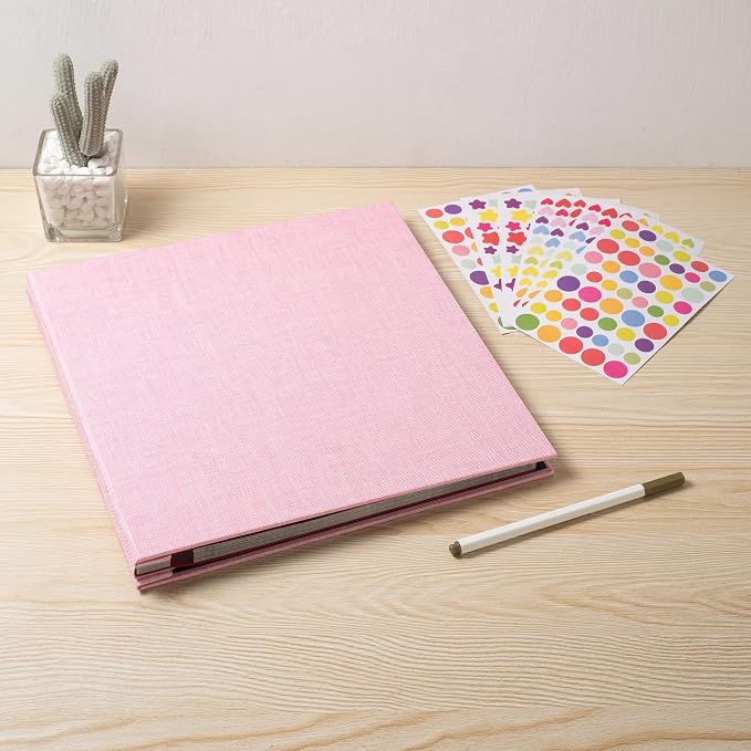 Large Photo Album Self Adhesive 4x6 8x10 10x12 13"x12.6" Scrapbook Album 12.6"x11" Inch 60 Black Sticky Pages Linen Cover Magnetic Photo Album with A Metallic Pen and DIY Stickers(Pink) - Image 6