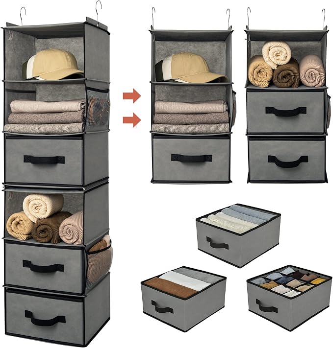 GRANNY SAYS Hanging Closet Organizer, 5 Drawers, 6 Shelves, 4 Pockets, Gray | Hanging Closet Organizer with 5 Different Drawer Designs, 6 Shelves & Reinforced Structure for Organized Small Spaces by GRANNYSAYS