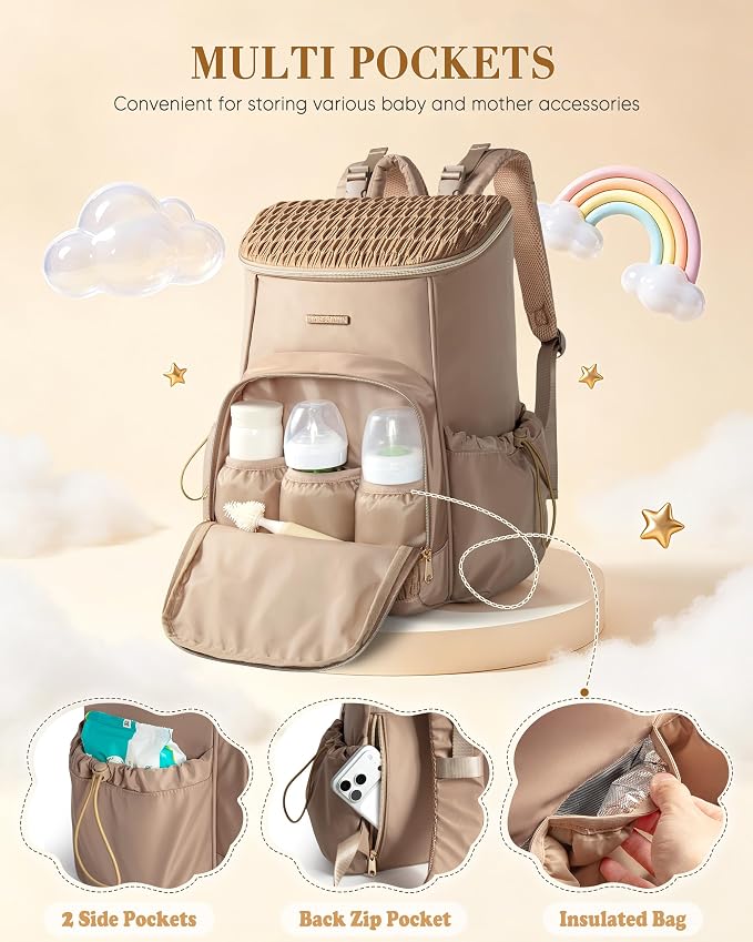Marscamd Diaper Bag Backpack with Changing Pad, Large Baby Bag, Camel | with Stroller Straps, Insulted Bottle Pockets, Luggage sleeve, for Travel & Labor Delivery - Image 3