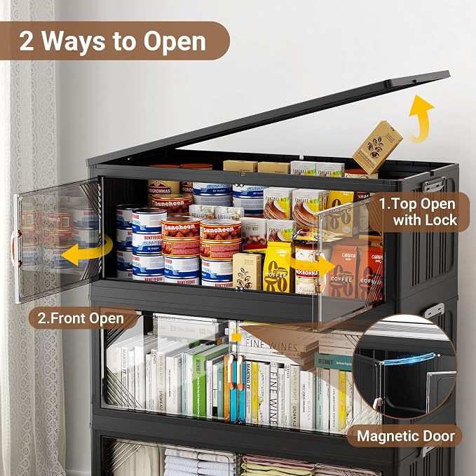 BROVIEW V60 880QT Plastic Stackable Storage Bins with Lid, 4Pack Black | 220Gal Extra Large Closet Organizers Collapsible Cabinets Boxes With Drawer, Foldable Container with 6x Wheels for Home - Image 4