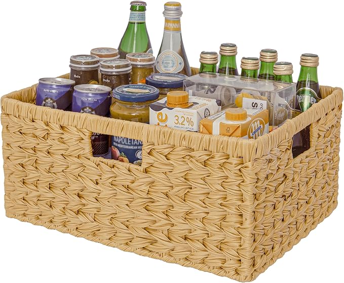 GRANNY SAYS Extra Large Wicker Baskets with Handles, Woven Baskets, 1-Pack | Plastic Waterproof Woven Baskets for Storage, Natural Storage Baskets for Shelves, Wicker Storage Baskets for Organizing by GRANNYSAYS