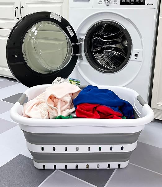 SAMMART 41L (10.8 Gallons) Collapsible 3 Handled Plastic Laundry Basket - Foldable Pop Up Storage Container/Organizer - Space Saving Hamper/Basket (1, White/Grey) - Image 2