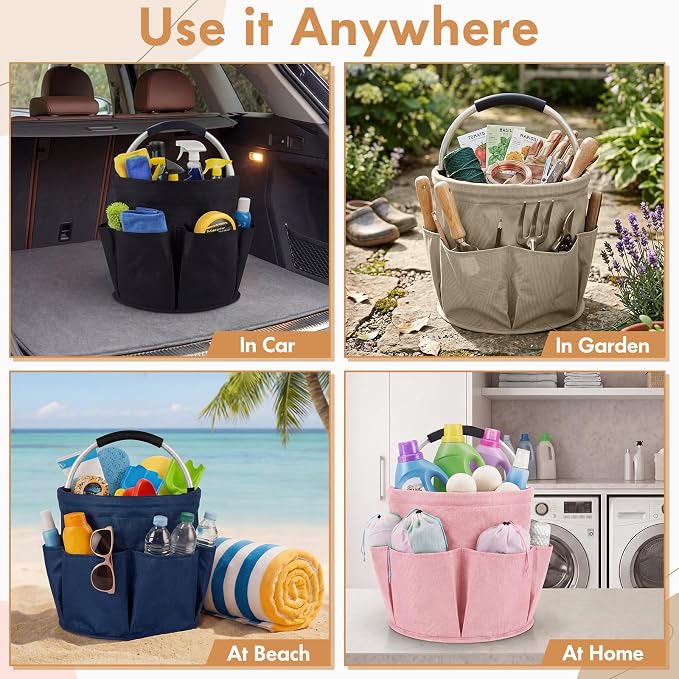 LemonRoad 4 Pack Cleaning Caddy with Handle 17L Foldable Cleaning Supplies Organizer Oxford Cloth Storage Basket with 6 Pockets Portable Multi Bucket Bag for Home Garden (Black,Beige,Navy Blue,Pink) - Image 6