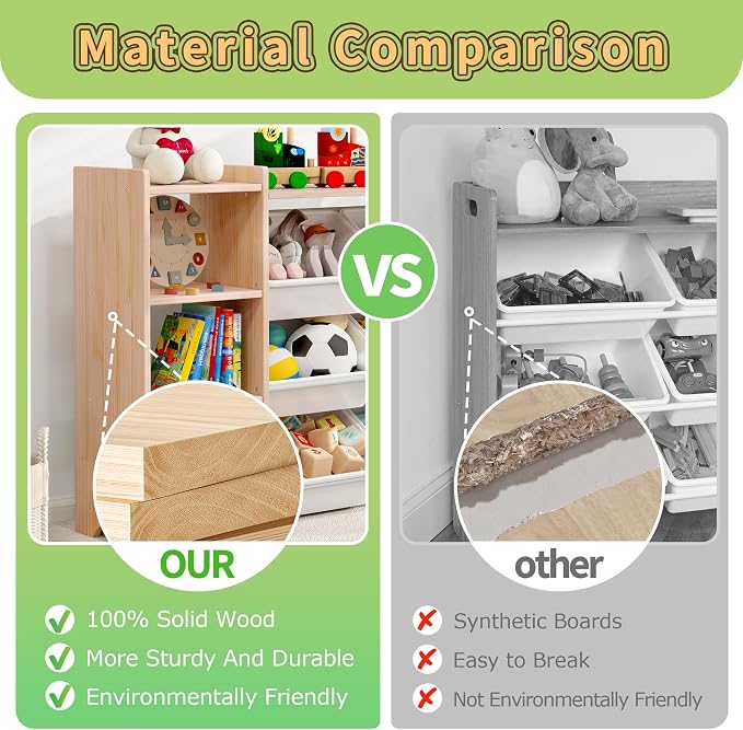 MallBest 57" Extra Wide Toy Storage Organizer and Kids Bookshelf, Solid Pine Wood Frame Playroom Organizer with 9 Bins, 4-Tier Toy Organizer for Kids Room, Nursery and Bedroom, Natural - Image 5