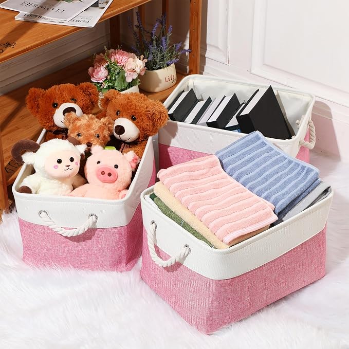 meekoo 8 Pack Collapsible Storage Bins Fabric Storage Bins Polyester Fabric Baskets with Handles Linen Closet Organizer for Shelf Home Closet Towels Toys(15 x 11 x 9.5 in,Pink White) - Image 4