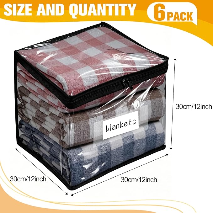 Plastic Storage Bags with Easy-Glide Zipper, Pack of 6, Durable Clear Vinyl Zippered Storage Bags for Clothes Sweaters Comforters Blankets Sheets Bedding (12 x 12 x 12 Inch, Transparent Black) - Image 2