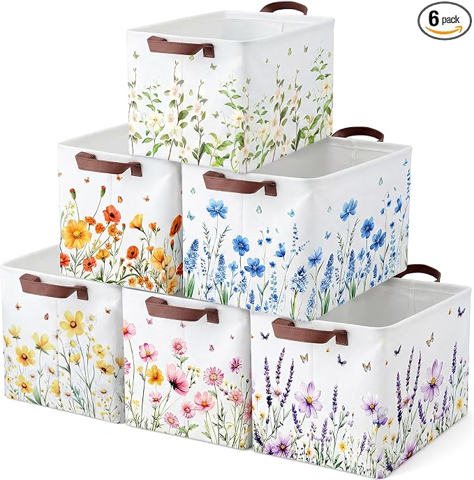 Fourluoo 6 Pack Floral Storage Basket with Handles Clothes Storage Basket Bin Foldable Box Bins Organizer for Closet Shelf Nursery Kid Room Book Toy Chest(6,Flower) by Fourluoo