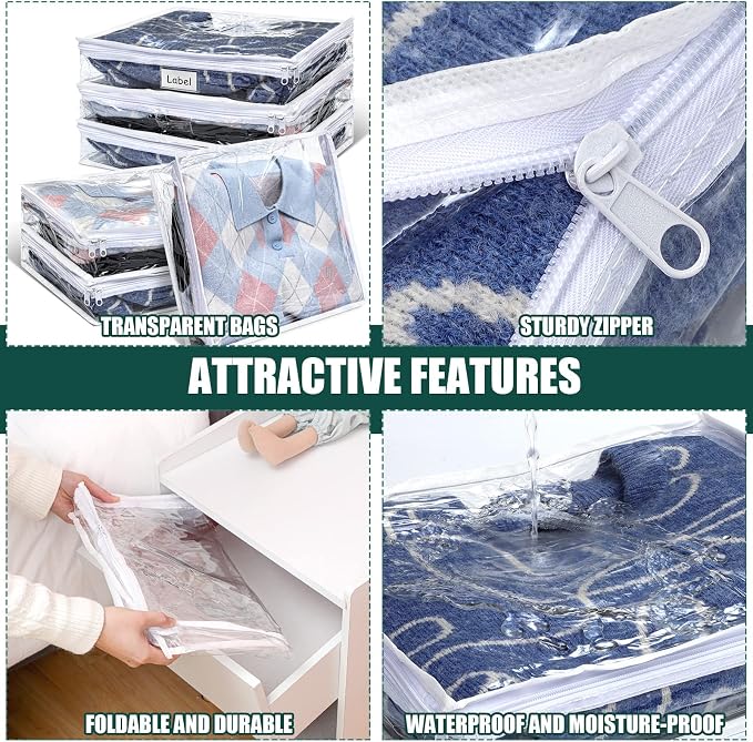 6pcs Clear Zippered Storage Bag Plastic Individual Sweater Storage Bag with Zipper Label Closet Clothing Organizer for Blanket Clothes Bed Sheet Comforter Quilt Pillow(15.7 x 13.7 x 3.9 Inch) - Image 3