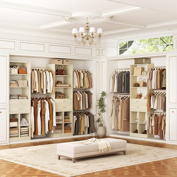 Besiost Closet System, 4-8 FT Closet Organizer Tower with 2 Wooden Drawers and Shelves, Can Fit 60 to 96 inch Walk-in Closet System with 5 Hang Rods, Built-in, Greige Oak - Image 2