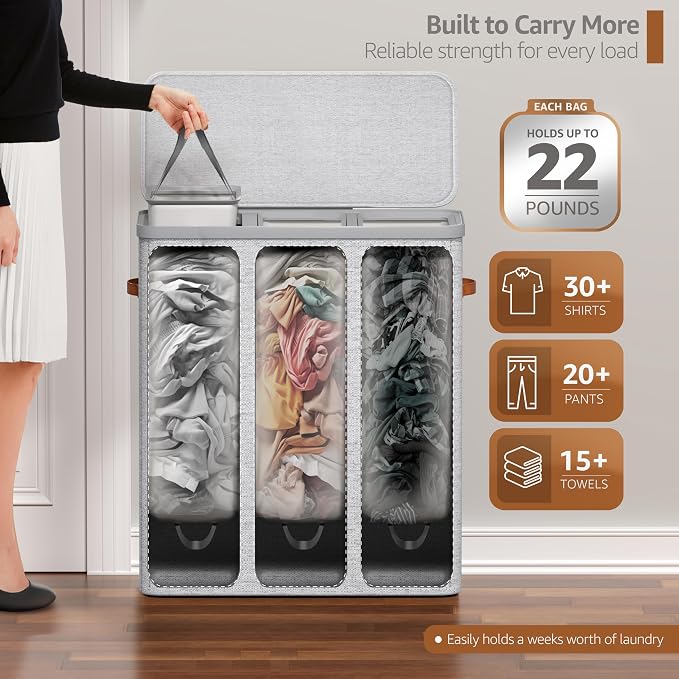 Sorbus Laundry Hamper with Lid - Collapsible 3-Compartment Fabric Laundry Basket with Handles and Removable Laundry Bag – 50 Gallon (190 L) Dirty Clothes Hamper for Bedroom, bathroom and dorm (Gray) - Image 4