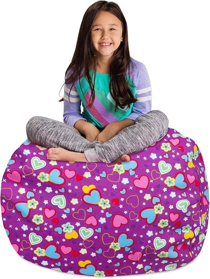 Posh Creations Stuffable Kids Stuffed Animal Storage Bean Bag Chair Cover - Childrens Toy Organizer, Large-38 - Canvas Multi-Colored Hearts on Purple by PoshCreations