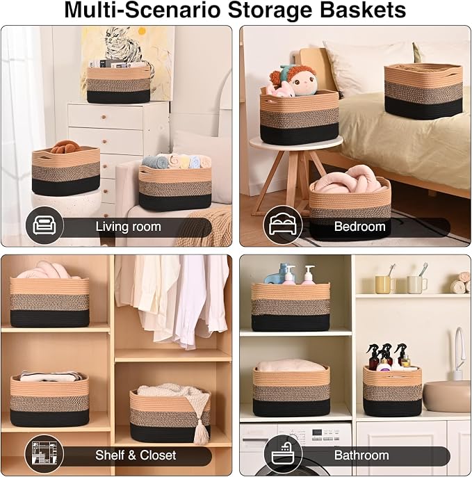 ICERZCZ Storage Baskets for Organizing Shelves, Decorative Baskets for Storage, Woven Cotton Rope Basket for Living Room Bedroom Nursery, 15"x11"x9.5", 3 Packs, Gradient Black & Jute - Image 5