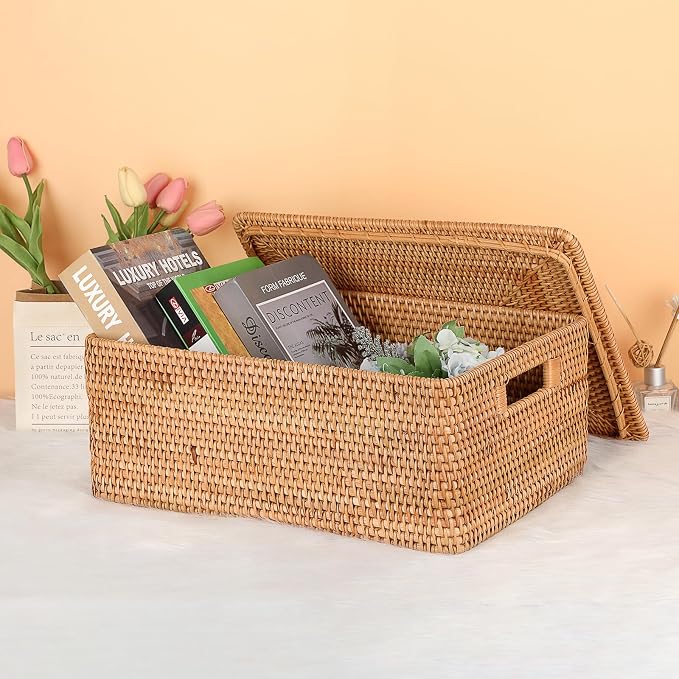 Hipiwe Rattan Basket Box with Lid X-Large Wicker Lidded Decorative Baskets | Handwoven Storage Basket Bins Rectangular Household Baskets for Shelf Organizing Home Decor, 17" x 13" x 6.7" - Image 4