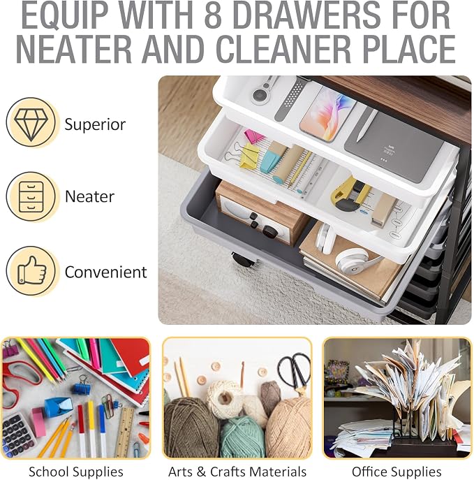 Rolling Storage Cart with 8 Drawers, Utility Cart on Wheels with Wooden Tabletop, Utility Cart for Teacher Storage, Office Organizer, Classroom Storage Cart, Craft Storage, Grey | Utility Cart on Wheels with Wooden Tabletop,Teacher Organization for Cla... - Image 4