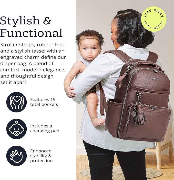 Itzy Ritzy Boss Plus Large Diaper Bag Backpack with 19 Pockets (Espresso) | Includes 2 Insulated Bottle Pockets, Changing Pad, Stroller Clips, Comfortable Padded Straps, Easy-to Clean, Travel-Ready - Image 2