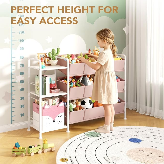 BBLIKE Kids Bookshelf and Toy Storage Organizer with 9 Removable Fabric Bins, Kids Book Shelf & Stuffed Animal Storage Rack for Playroom, Bedroom, Nursery, Pink - Image 7