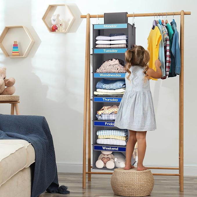 Fixwal Weekly Kids Clothes Organizer 2 Pack 6-Shelf Hanging Storage | Nonwoven Fabric, 6 Daily Shelves, 6 Mesh Side Pockets, 2 Metal Hooks, Foldable Design, for Kids Outfits and Accessories - Image 6