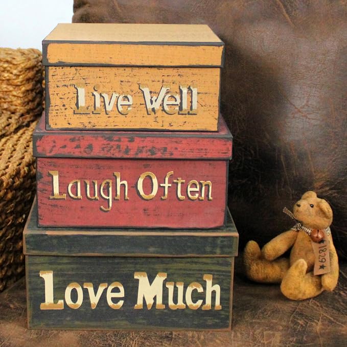 Primitive Vintage Square “Live Well, Laugh Often, Love Much” Cardboard Nesting Boxes, Large 11 X 11 X 5-1/2 Inch. Set of 3. - Image 5