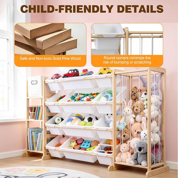 Kids Toy Storage Organizer with Bookshelf & Stuffed Animal Storage,12 Toy Bins +1 Free Storage Box,Playroom Nursery Organization Plush Toy Storage - Image 5